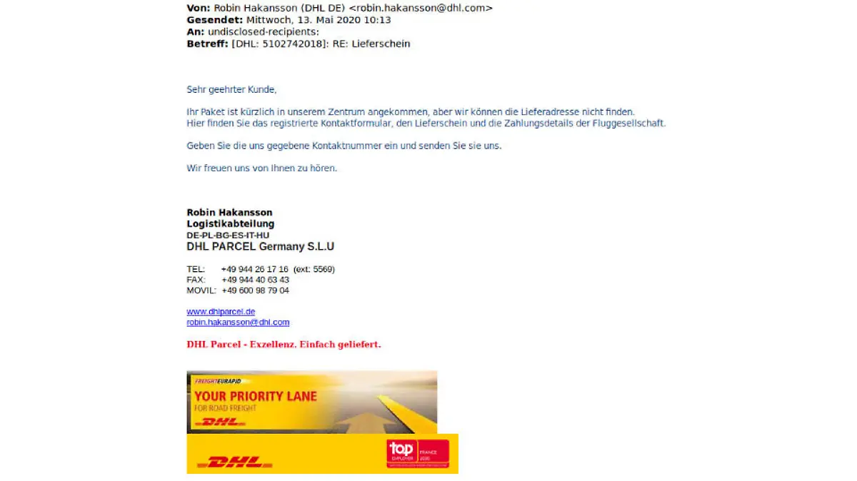 Das Beispiel der Polizei Niedersachsen für eine Phishing-Mail im Namen von DHL