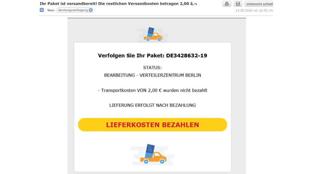 In dieser Phishing-Mail fordert DHL angeblich Transportkosten an