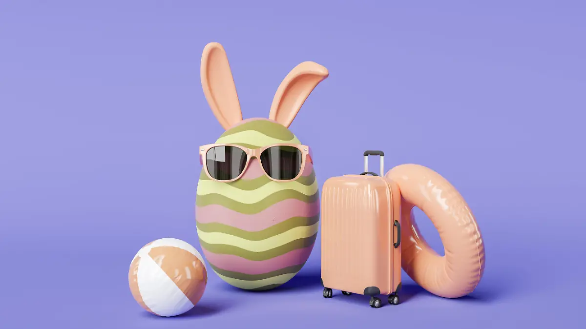 easter egg with sunglasses and bunny ears with travel accessories. 3d rendering