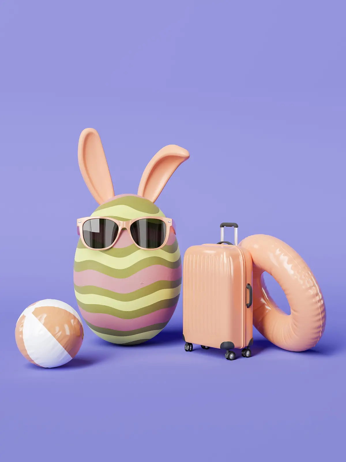 easter egg with sunglasses and bunny ears with travel accessories. 3d rendering