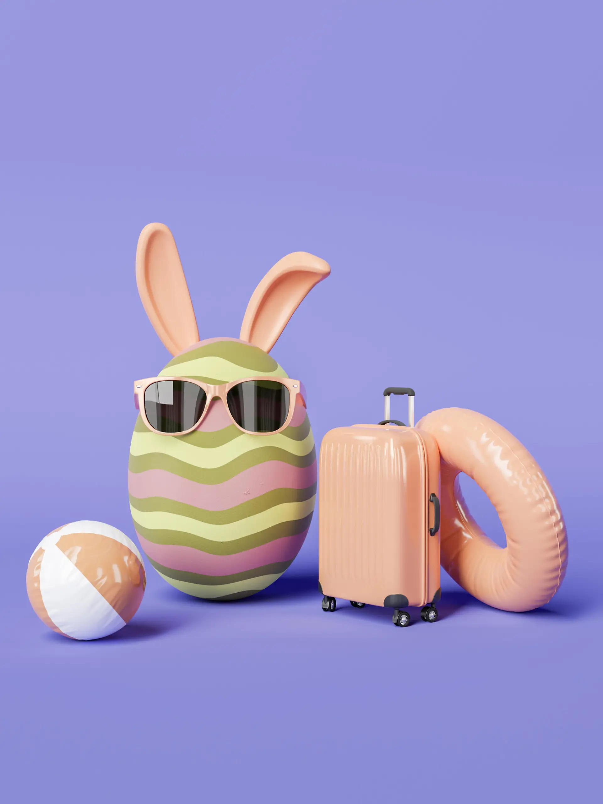 easter egg with sunglasses and bunny ears with travel accessories. 3d rendering