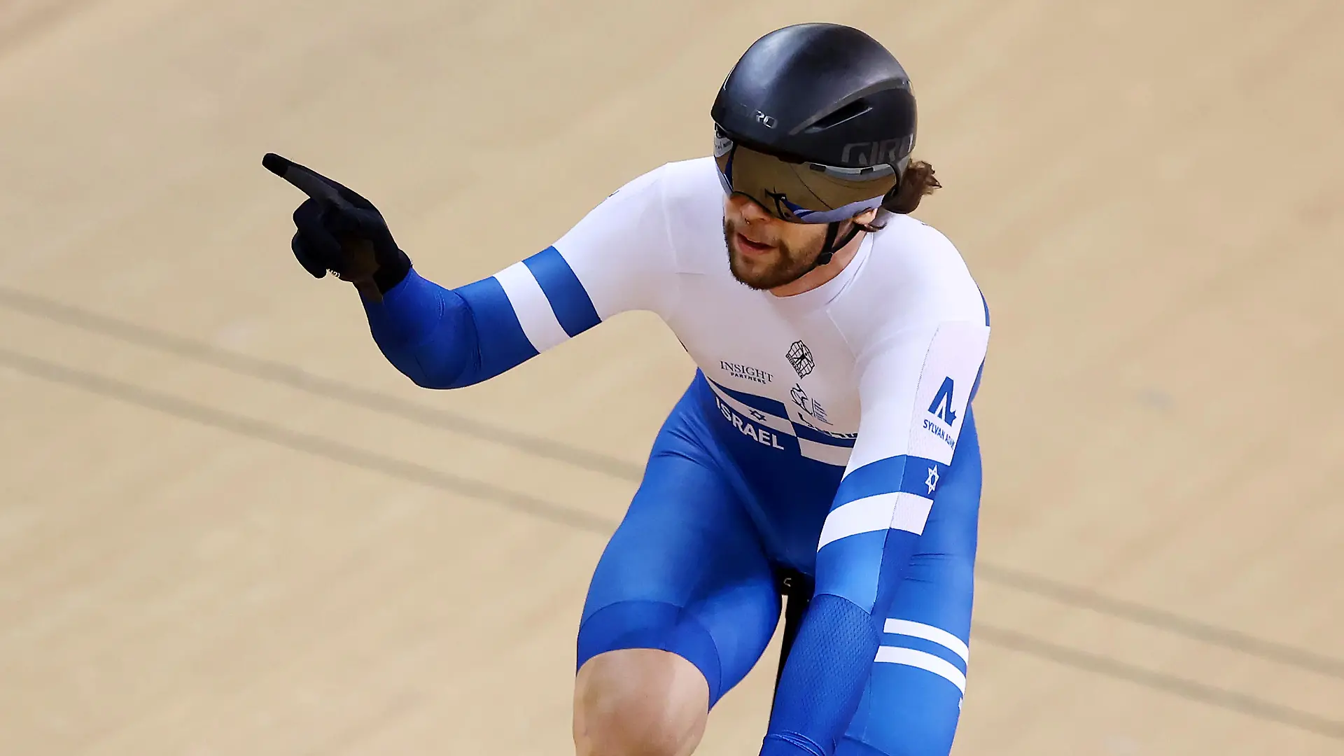 JAKARTA, INDONESIA - FEBRUARY 26: Mikhail Yakovlev of Team Israel celebrates after winning the Men's Sprint bronze medal race during day four of the UCI Track Nations Cup at Jakarta International Velodrome on February 26, 2023 in Jakarta, Indonesia. (Photo by Yong Teck Lim/Getty Images)