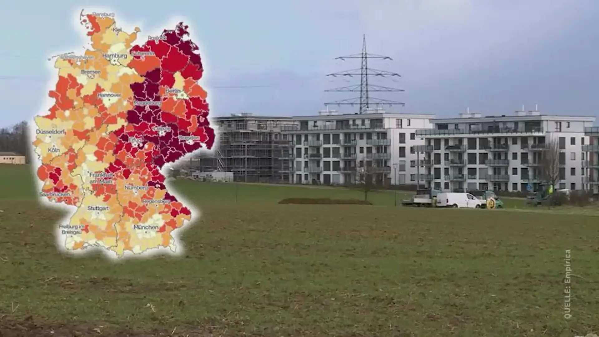 Große Leerstände gibt es besonders in ländlichen Randregionen - auf dieser Karte die roten Gebiete, vor allem in Ostdeutschland.