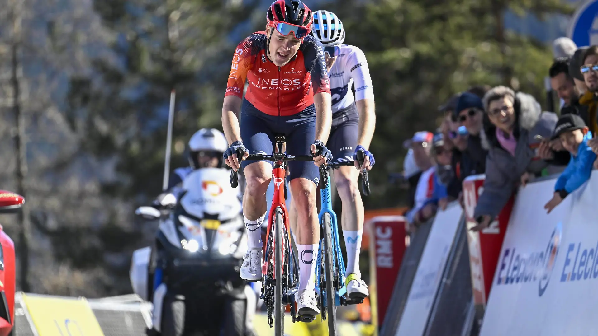 COL DE LA COUILLOLE, FRANCE - MARCH 11 : Sivakov Pavel FRA of INEOS Grenadiers crosses the finish line exhausted after stage 7 of the 81th edition of the Paris - Nice cycling race, a stage of 143km with start in Nice and finish at the Col De La Couillole on March 11, 2023 in Col De La Couillole, France, 11/03/2023 Motordriver Kenny Verfaillie - Paris - Nice 2023 - stage 7 PhotoNews/Panoramic PUBLICATIONxINxGERxSUIxAUTxHUNxONLY