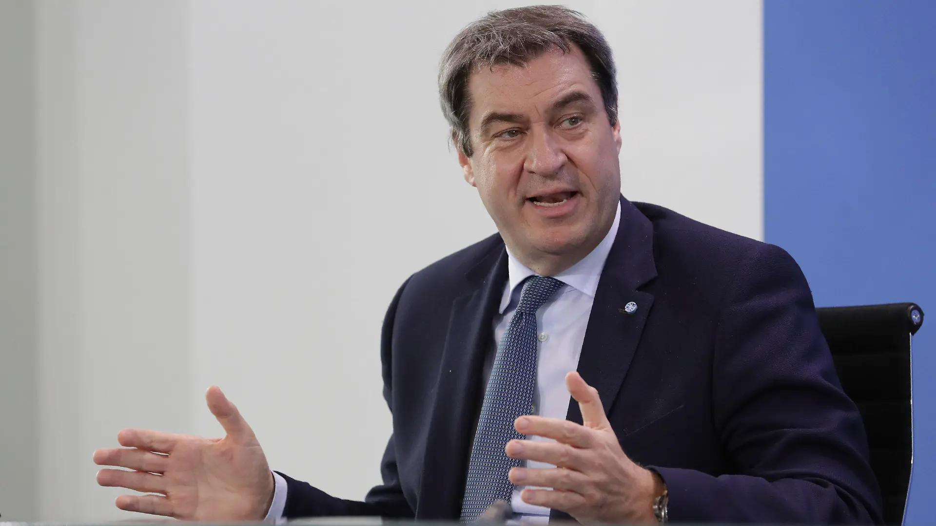 06.05.2020, Berlin: Markus Söder (CSU), Ministerpräsident von Bayern, spricht während einer Pressekonferenz. Die Bundeskanzlerin und die Ministerpräsidenten der Bundesländer sprachen über Corona-Lockerungen. Das Treffen fand online als Videokonferenz statt. Foto: Michael Sohn/Pool-AP/dpa +++ dpa-Bildfunk +++