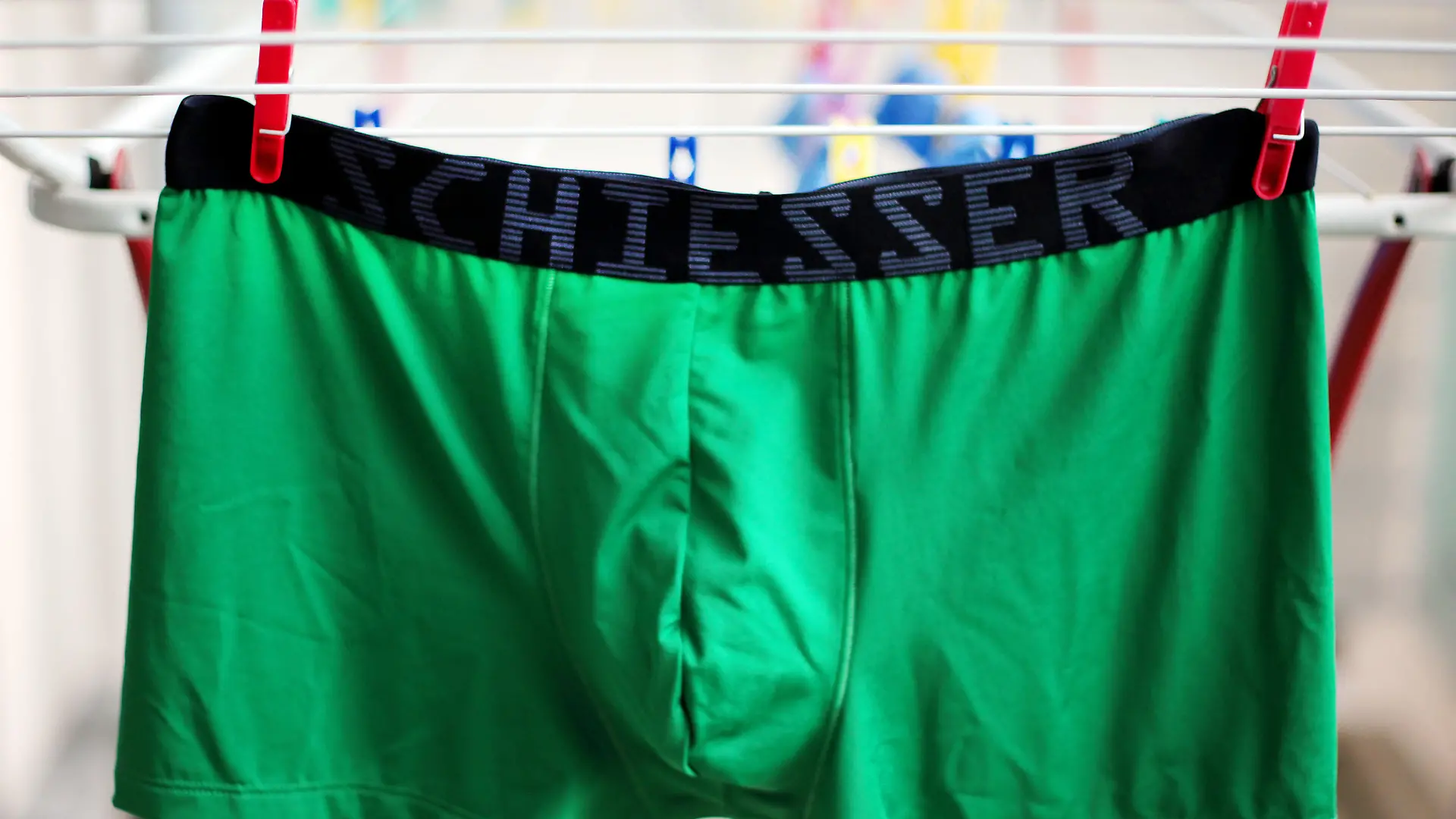 ILLUSTRATION - Eine Unterhose von Schiesser hängt am Freitag (26.08.2011) in Köln auf einem Wäscheständer. Der Unterwäschehersteller Schiesser verschiebt abermals seinen Börsengang auf 2012. Der ursprünglich fürs zweite Quartal 2011 geplante Börsengang war bereits im Frühling aufs Jahresende verlegt worden. Foto: Oliver Berg dpa/lnw