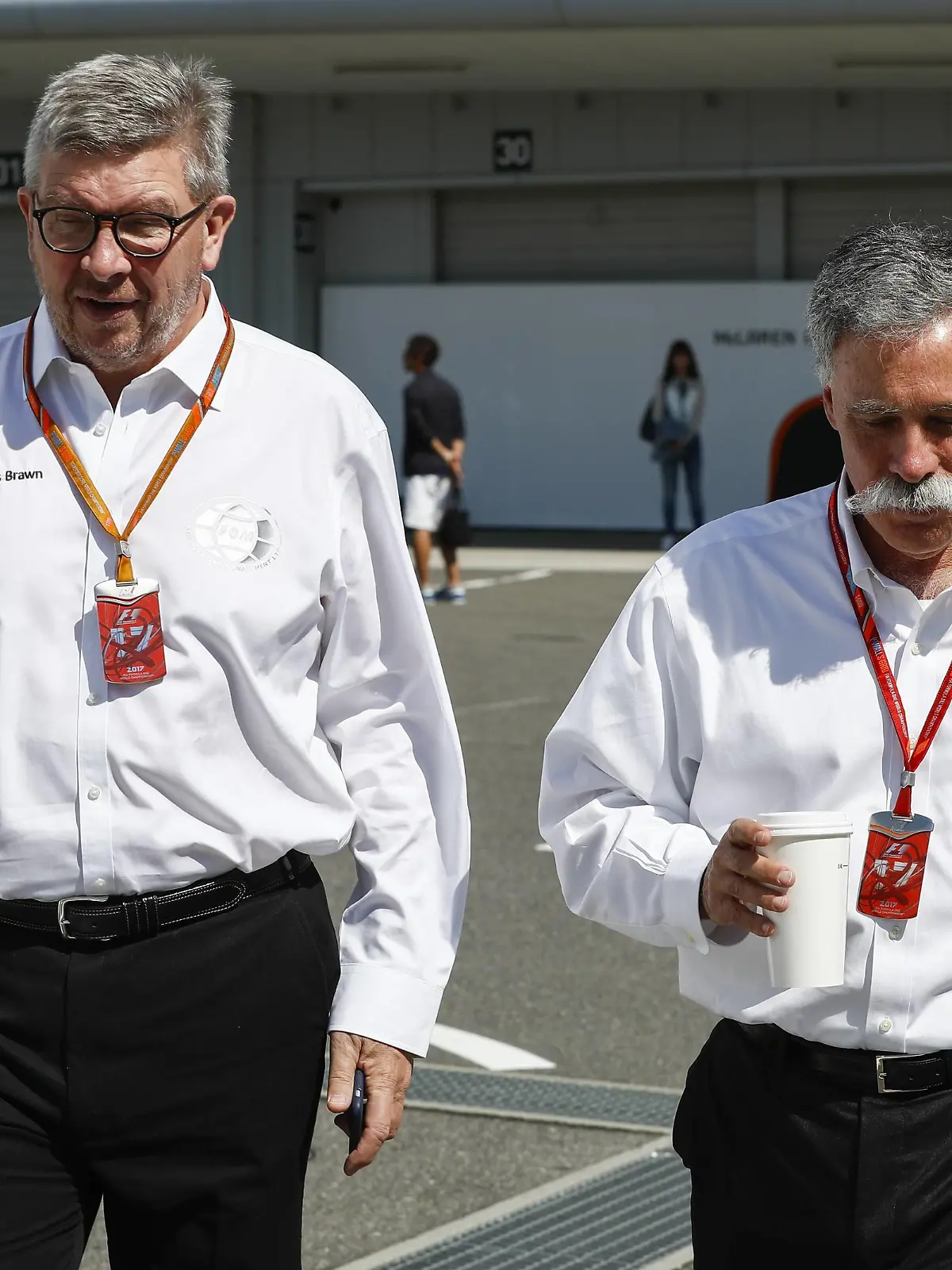 Suzuka Circuit, Japan. Sunday 08 October 2017. Ross Brawn, Managing Director of Motorsports, FOM, and Chase Carey, Chairman, Formula One. World _X4I7285 PUBLICATIONxINxGERxSUIxAUTxHUNxONLY  