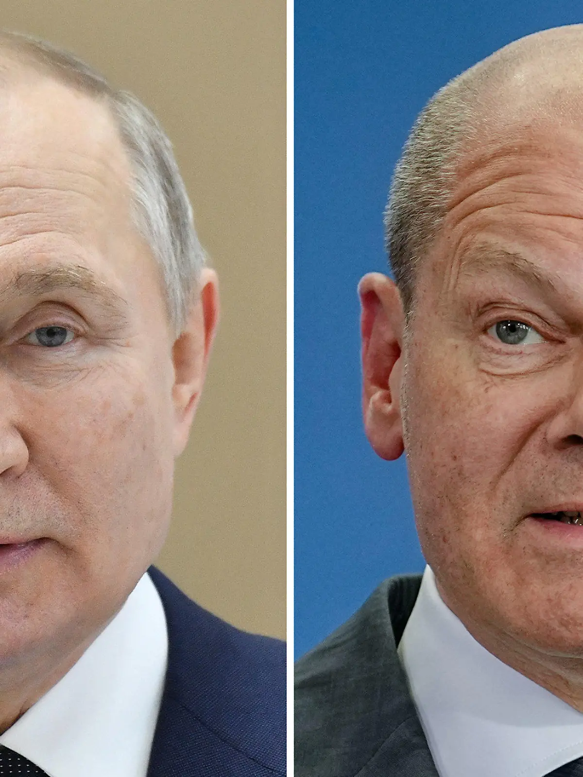 ARCHIV - 13.05.2022, ---: Die Kombo zeigt Russlands Präsident Wladimir Putin (Foto von der staatlichen russischen Nachrichtenagentur Sputnik über AP) und Bundeskanzler Olaf Scholz (SPD) bei einer Pressekonferenz im Bundeskanzleramt. Bundeskanzler Olaf Scholz und Russlands Präsident Wladimir Putin haben nach Angaben aus Moskau wieder miteinander telefoniert. Foto: ---Kay Nietfeld/dpa/AP/sputnik/dpa +++ dpa-Bildfunk +++