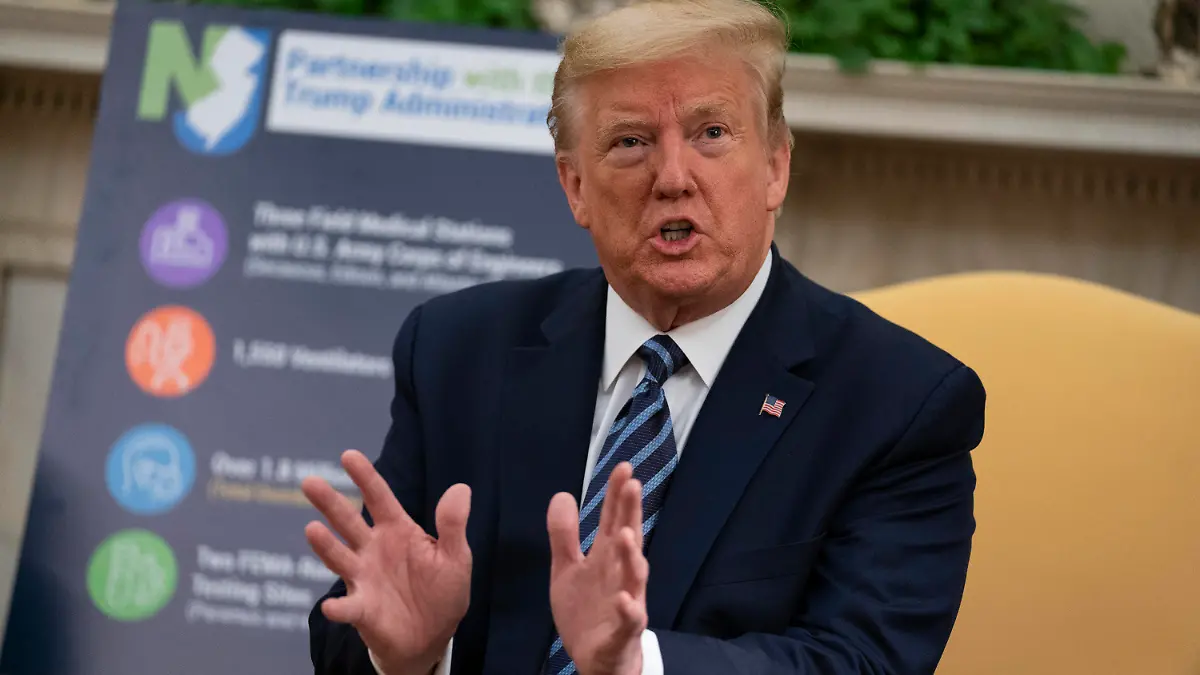 30.04.2020, USA, Washington: Donald Trump, Präsident der USA, spricht während eines Treffens mit dem Gouverneur von New Jersey zu den aktuellen Entwicklungen in der Corona-Krise, im Oval Office des Weißen Hauses. Foto: Evan Vucci/AP/dpa +++ dpa-Bildfunk +++