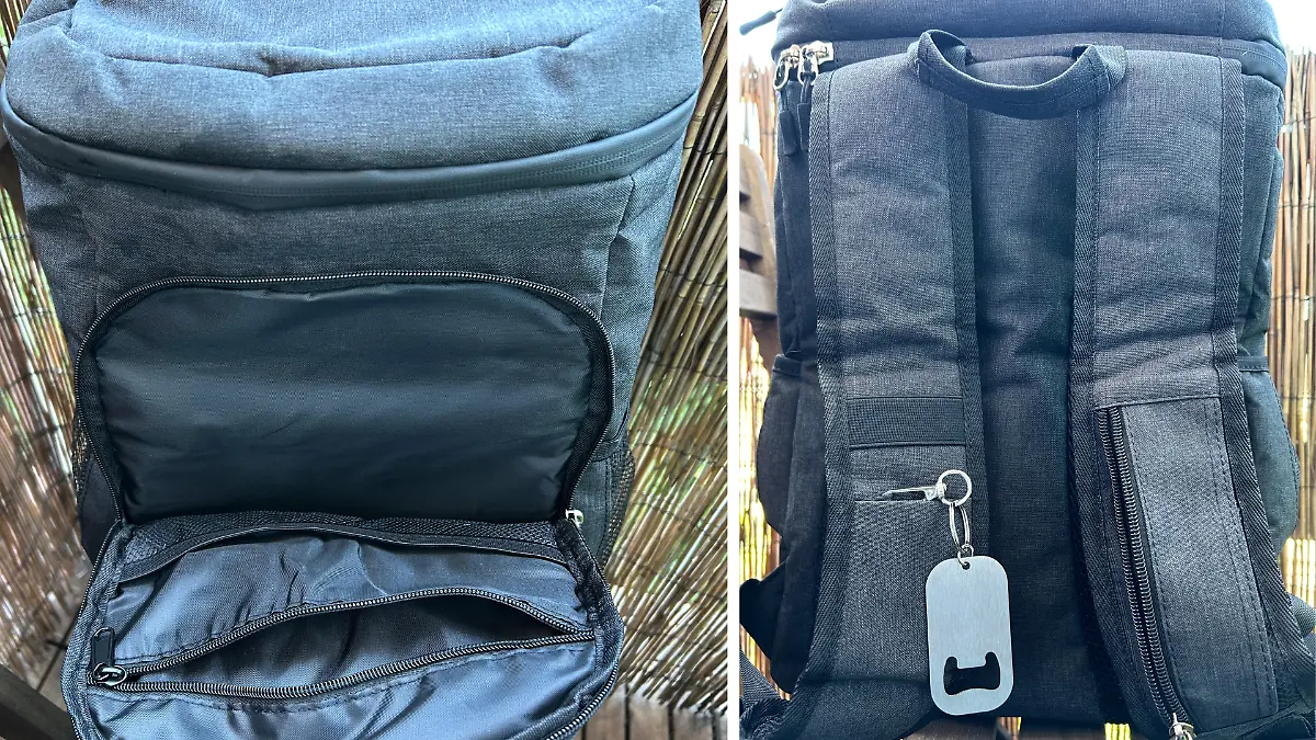 Der Kühlrucksack hat viele praktische, kleine Fächer