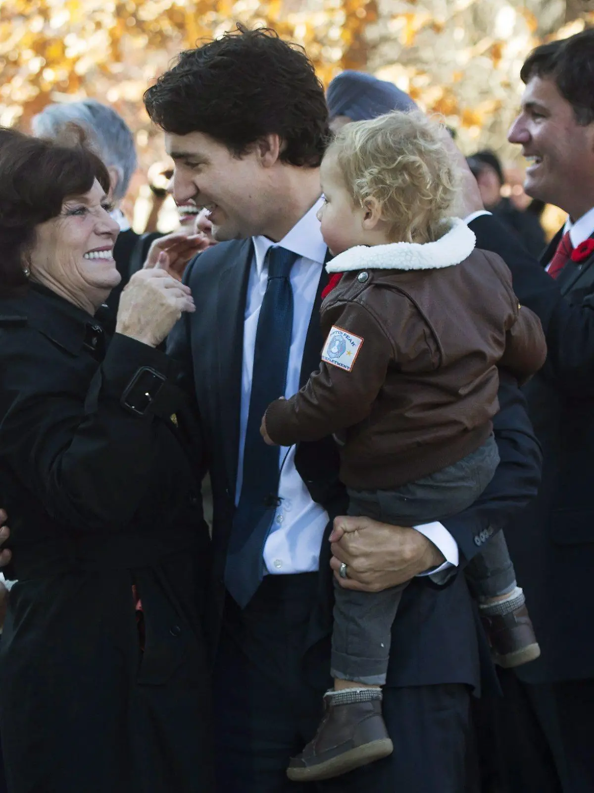 Justin Trudeau. Prime Minister-designate Justin Trudeau holds his son Hadrien while hugging his mother Margaret outside Rideau Hall in Ottawa on Tuesday, November 4, 2015. THE CANADIAN PRESS/Sean Kilpatrick URN:24662976