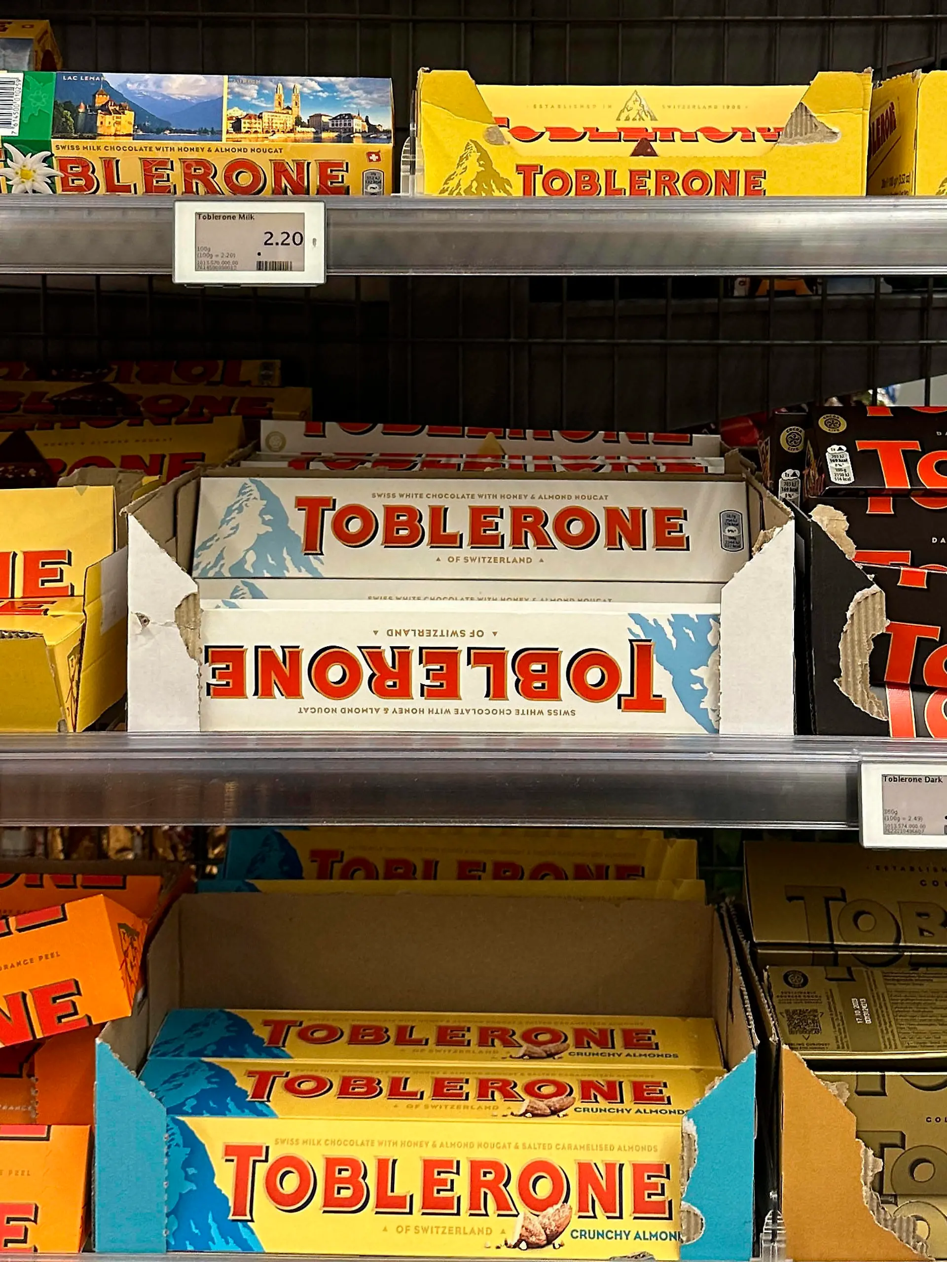 Toblerone without the Matterhorn. This is due to the fact that part of the production line has been moved abroad. In July 2023, Switzerland's most famous mountain will no longer be able to adorn the packaging of the iconic chocolate bar. It will disappear from the packaging, as the small triangular bar will no longer be produced exclusively in Switzerland. March 04 2023.//FRANCOISGLORIESCOM_FRANCOISGLORIESCOM_GLORIES0163/Credit:Francois Glories/SIPA/2303051214