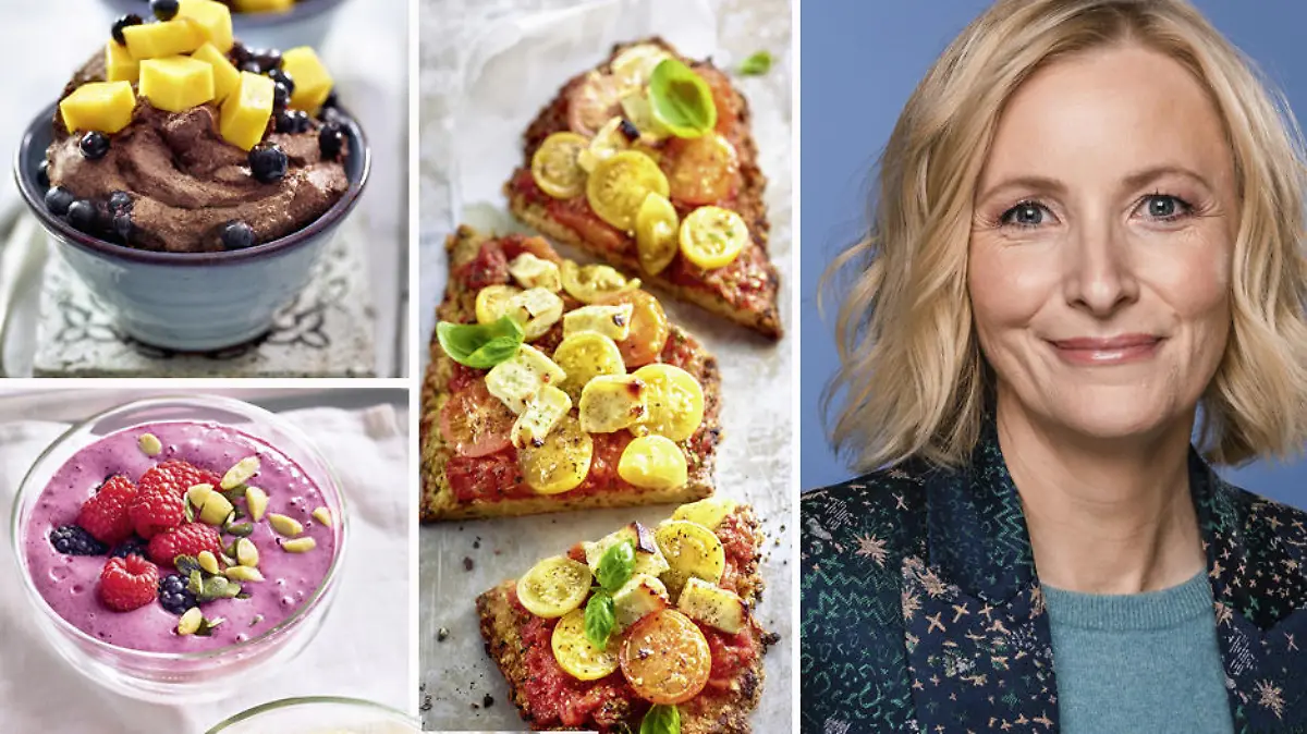 Dr. Anne Fleck und drei ihrer leckeren Low-Carb-Gerichte