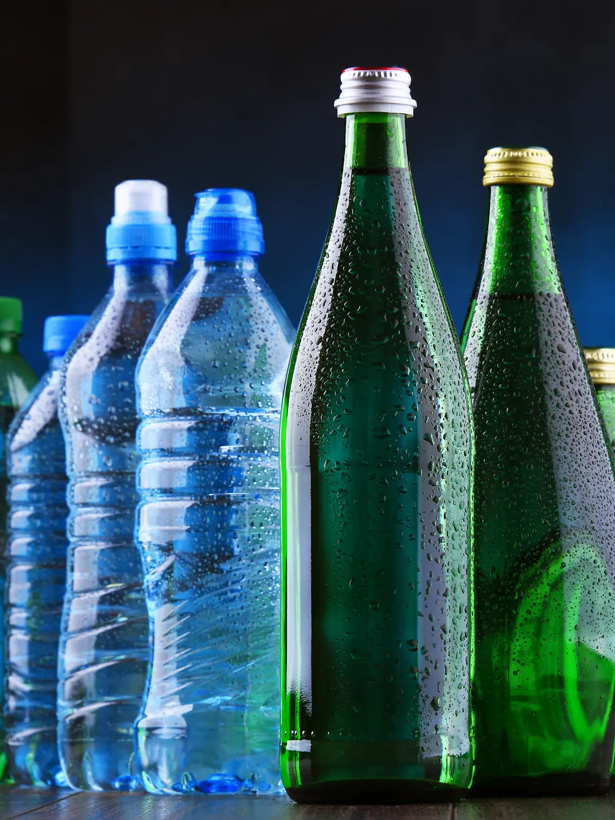Composition with different sorts of bottles containing mineral water.