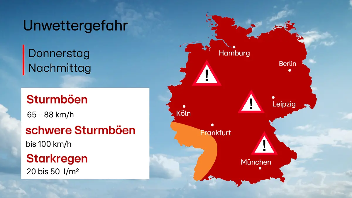 Fast ganz Deutschland liegt am Donnerstagnachmittag im Unwettergebiet.