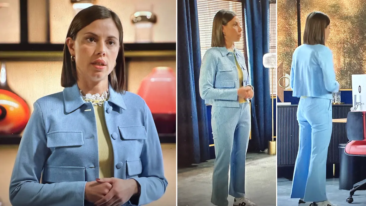 Matilda von GZSZ trägt pastellblauen Anzug.