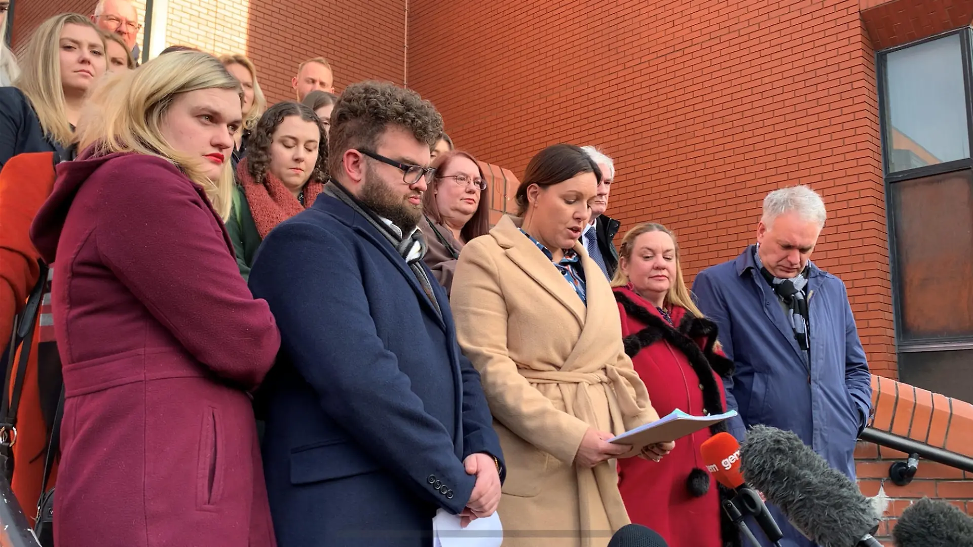 Ross McCullam court case. Screen grab taken from PA video of the family of Megan Newborough's (left to right) sister Claire Newborough, brother John Newborough, Detective Inspector Jenni Heggs, and her parents Elaine Newborough and Anthony Newborough, spekaing to the media on the steps of Leicester Crown Court after Ross McCullam was jailed for life with a minimum term of 23 years for the manslaughter of Miss Newborough. Picture date: Friday December 16, 2022. See PA story COURTS McCullam. Photo credit should read: Richard Vernalls/PA Wire URN:70280427
