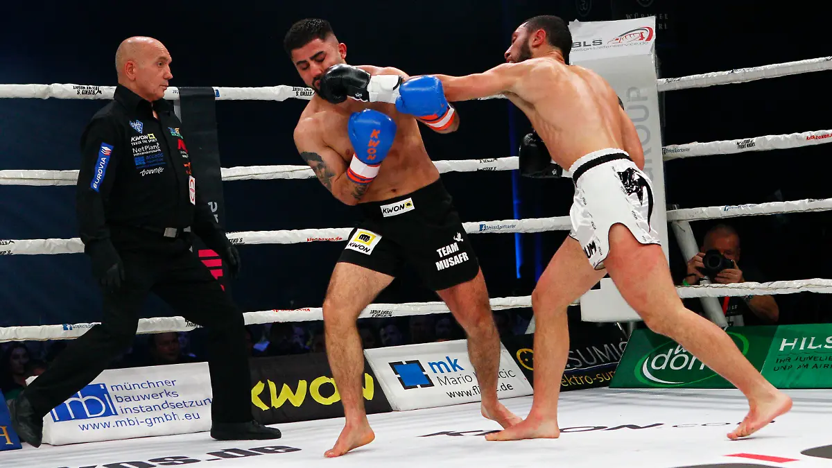 MUNICH, GERMANY - FEBRUARY 18: Oscar Plasene of Germany in action during his fight against Domenico Lomurno of Italy during Steko's Fight Night In Munich at Kleine Olympiahalle on February 18, 2023 in Munich, Germany. (Photo by Mark Wieland/Getty Images)