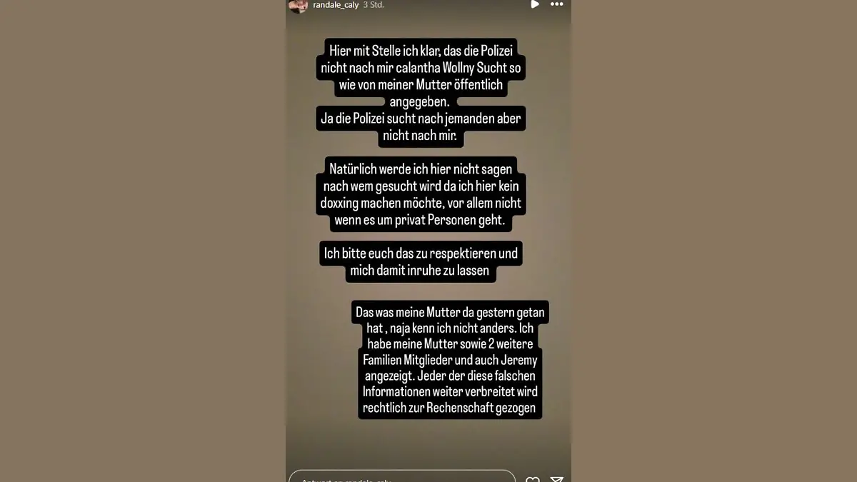 Calantha Wollny bestreitet auf Instagram, dass sie von der Polizei gesucht wird.