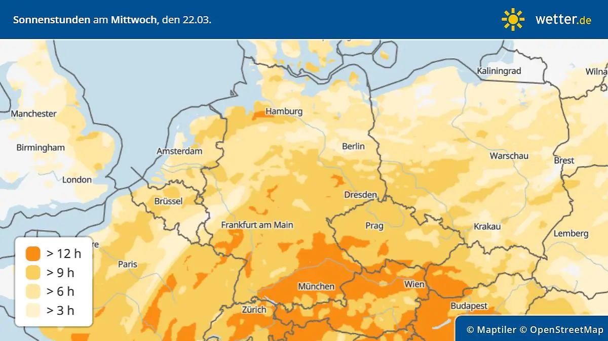 Die Grafik zeigt die Sonnenstunden am Mittwoch, 22.03.2023