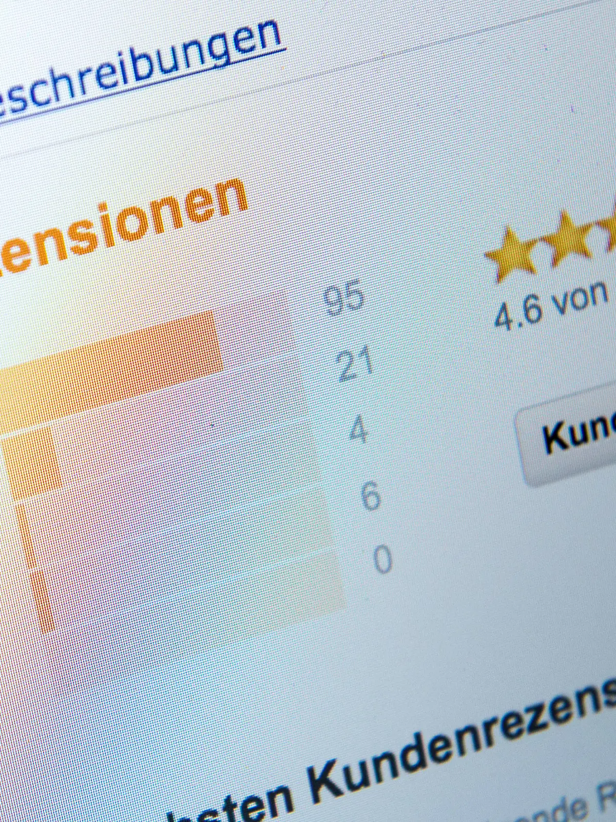 Kundenrezensionen für ein Amazon-Produkt sind am 28.04.2014 in Hamburg auf einem Bildschirm zu sehen. | Verwendung weltweit
