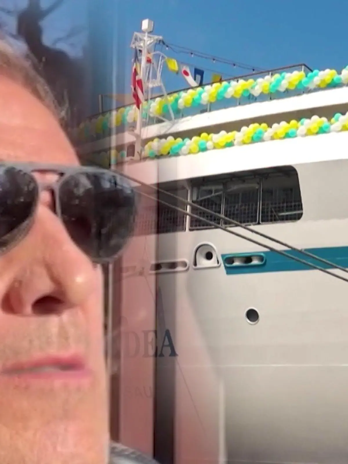 Fotocollage: Ralf Moeller neben einem Kreuzfahrtschiff