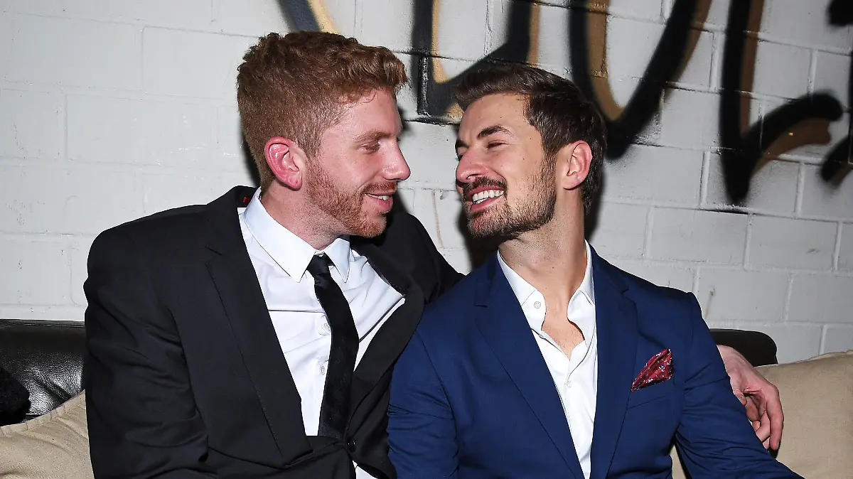 HAMBURG, GERMANY - DECEMBER 18: Nicolas Puschmann and his Lars Toensfeuerborn attend the RTL / TV Now TV show "Prince Charming" finals at Bahnhof Pauli on December 18, 2019 in Hamburg, Germany. (Photo by Tristar Media/Getty Images)