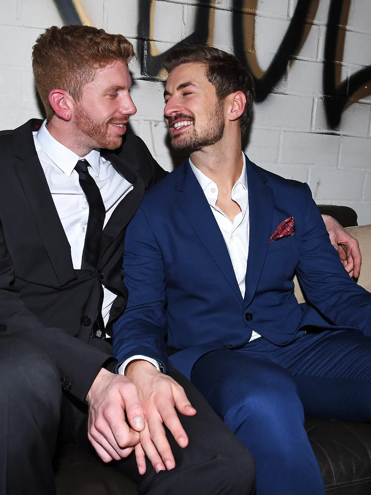 HAMBURG, GERMANY - DECEMBER 18: Nicolas Puschmann and his  Lars Toensfeuerborn attend the RTL / TV Now TV show "Prince Charming" finals at Bahnhof Pauli on December 18, 2019 in Hamburg, Germany. (Photo by Tristar Media/Getty Images)