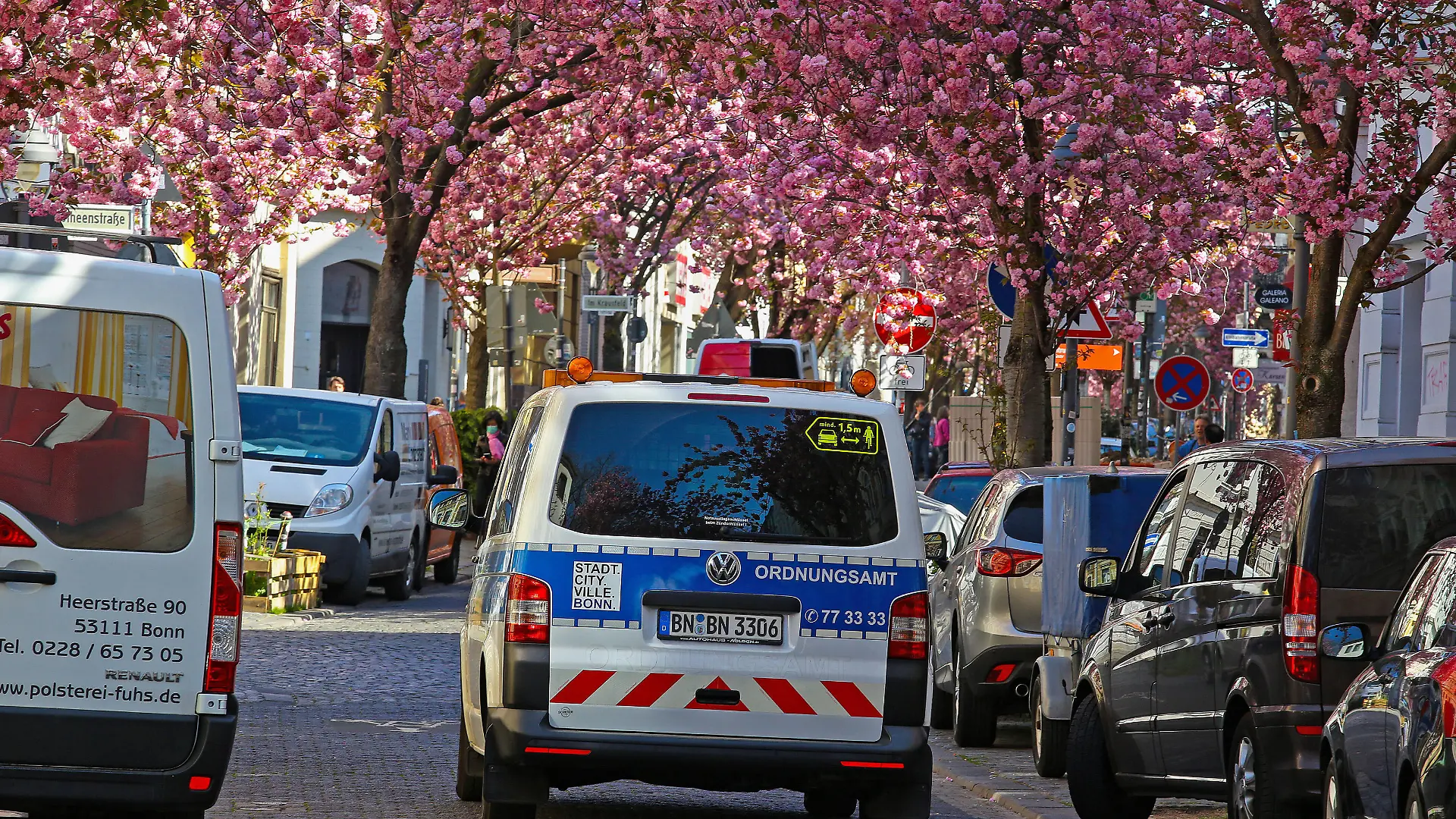  Traumwetter bei angenehmen Temperaturen, Baumbluete, Kirschbluete in der Heerstrasse in Bonn, dass Ordnungsamt ist unterwegs und schaut ob die Vorgaben wegen des Coronavirus eingehalten werden Fruehling in NRW am 06.04.2020 in Bonn/Deutschland. ACHTUNG: DAS KENNZEICHEN IST UNKENNTLICH ZU MACHEN *** Dream weather with pleasant temperatures, tree blossom, cherry blossom in the Heerstrasse in Bonn, the public order office is on the way and looks whether the defaults because of the Coronavirus are kept Spring in NRW on 06 04 2020 in Bonn Germany ATTENTION THE SIGNAL IS IMPOSSIBLE