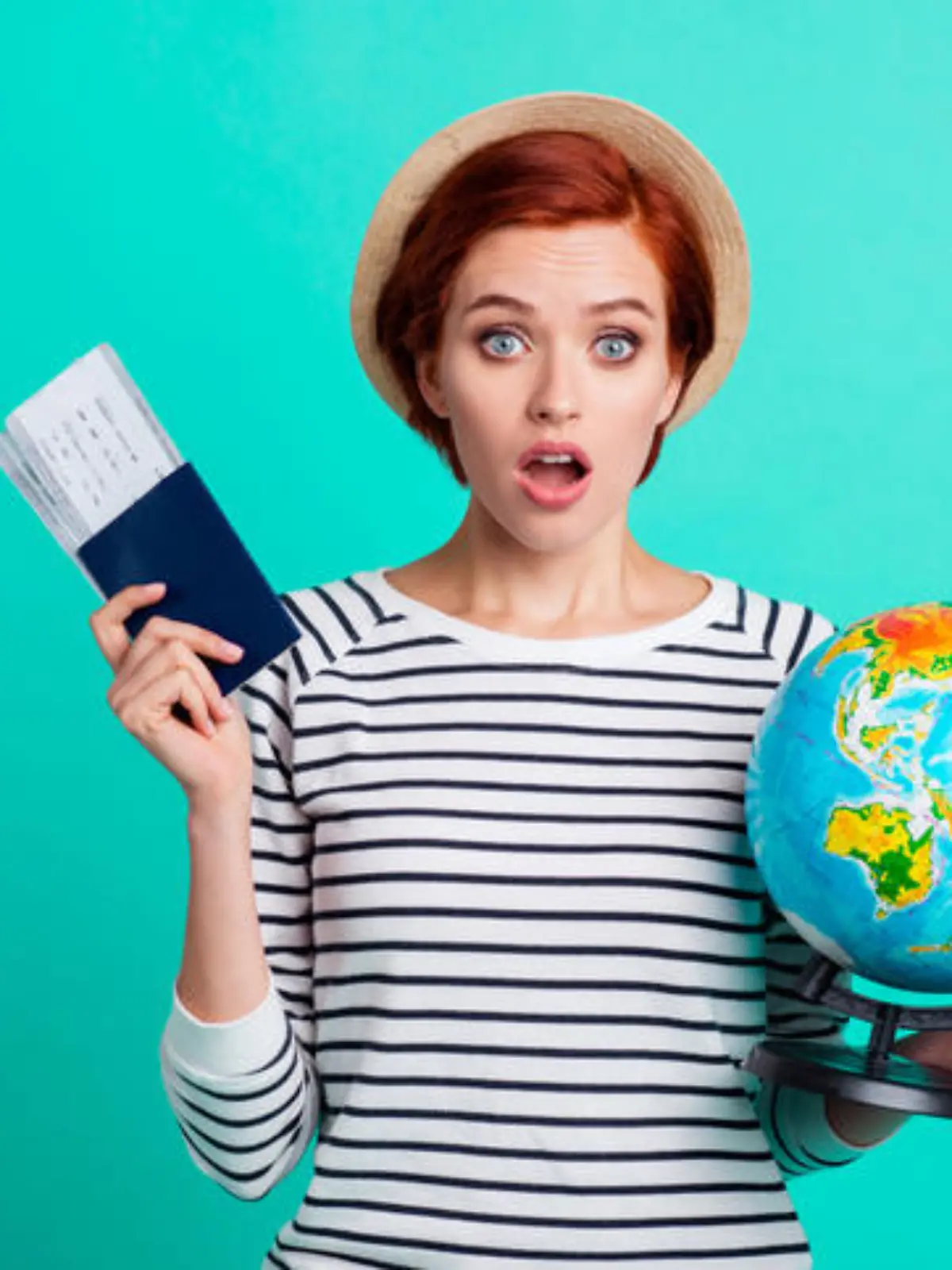 Earth people rest relax resort recreation hot weather concept. Afraid panic stupor speechless with open mouth she her holding document two train tickets globe in hand isolated turquoise background (Earth people rest relax resort recreation hot weathe