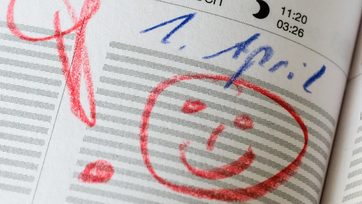 24.03.2020, Berlin: In einem Kalender sind am 1. April ein warnendes Ausrufezeichen und ein Smiley eingetragen. (zu dpa-Korr "April, April! - Von Spaghetti-Bäumen und fliegenden Pinguinen") Foto: Jens Kalaene/dpa-Zentralbild/dpa +++ dpa-Bildfunk +++