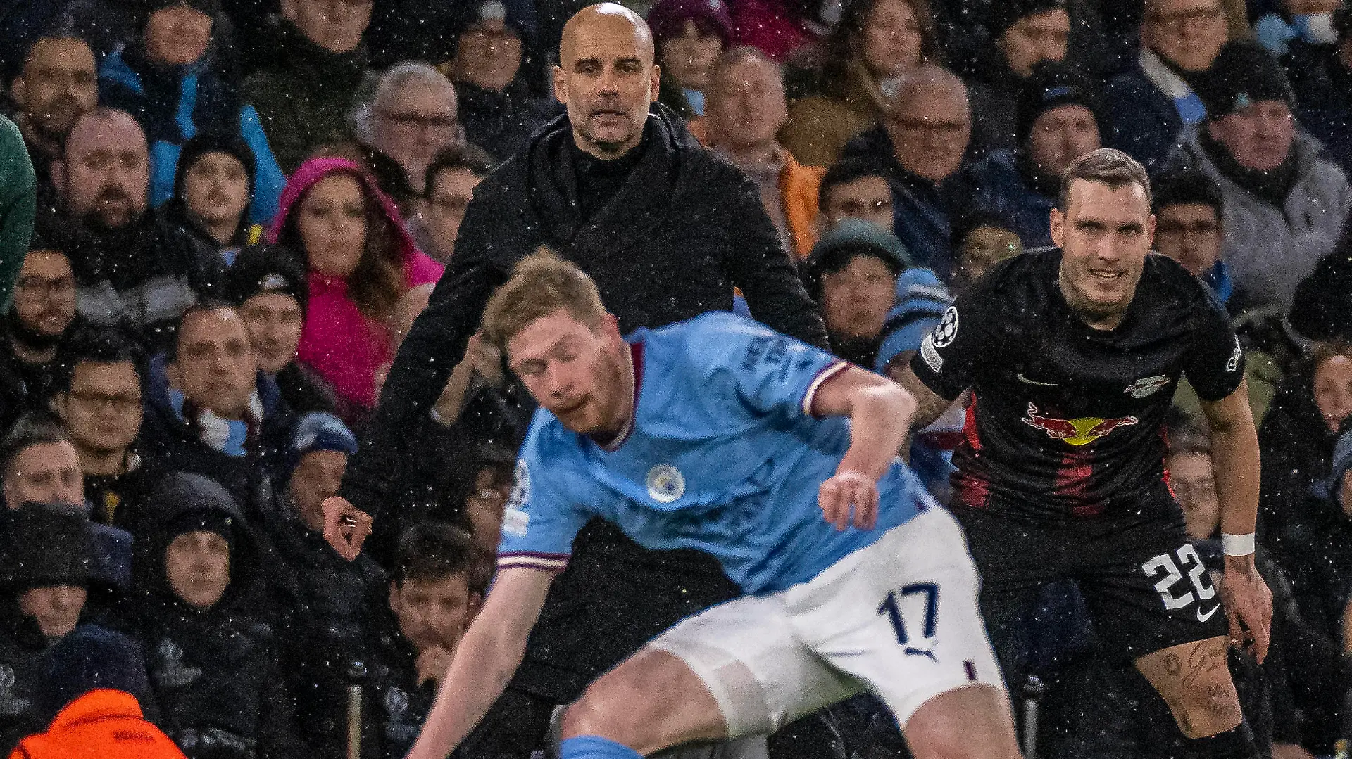 Manchester, England, 14th March 2023: Manchester City manager Pep Guardiola watching play during the UEFA Champions League round of 16 leg two match between Manchester City and RB Leipzig at Etihad Stadium on March 14, 2023 in Manchester, United Kingdom. Photo by Richard Callis/SPP Richard Callis/SPP PUBLICATIONxNOTxINxBRAxMEX Copyright: xRichardxCallis/SPPx spp-en-RiCa-RC3_M.City_Leipzig_14Mar2023_RC-97527