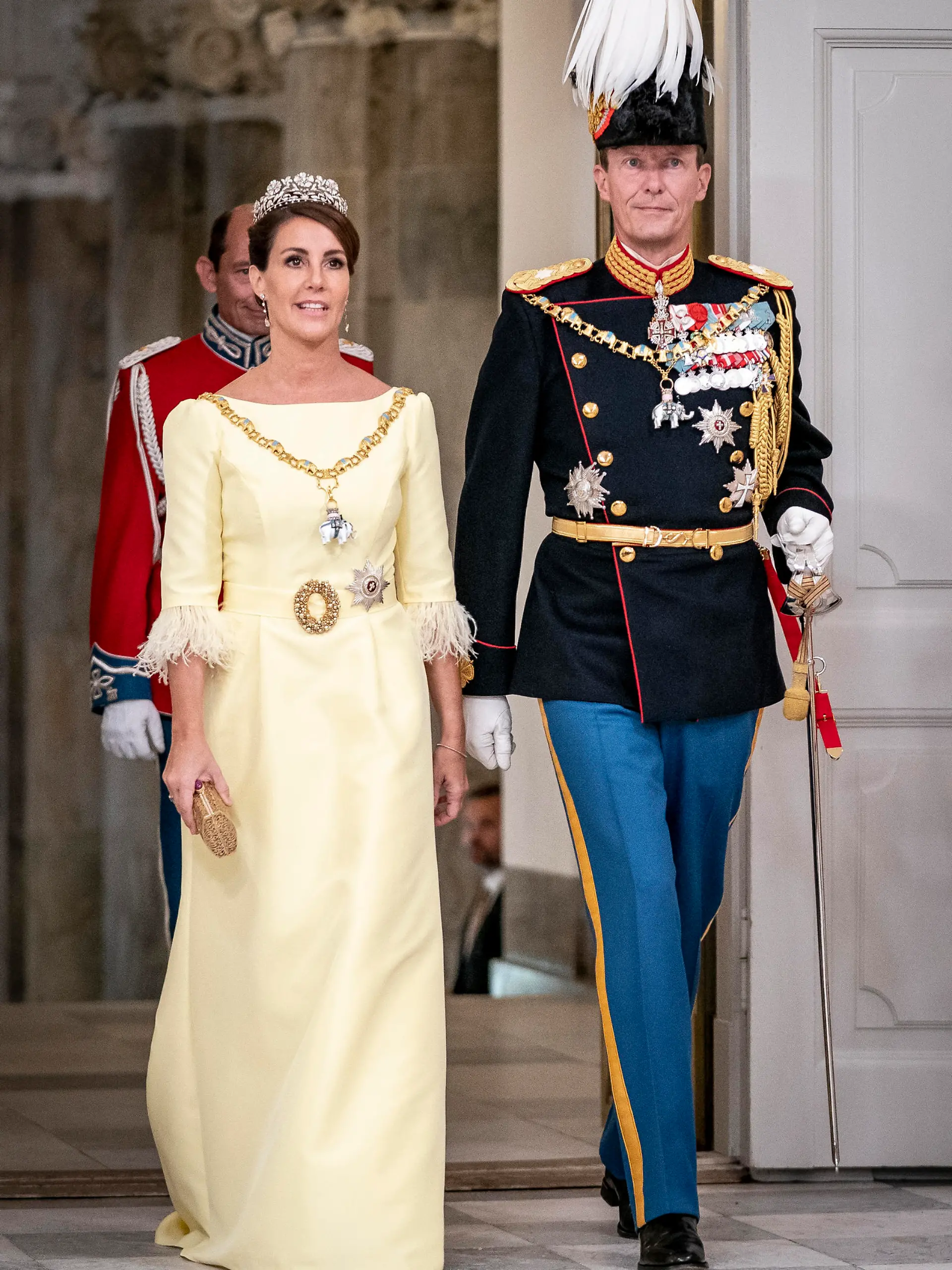 Prince Joachim and Princess Marie arrive at the gala banquet at Christiansborg Palace in Copenhagen Sunday, Sept. 11, 2022. Scaled-down celebrations took place Sunday in Denmark marking 50 years on the throne by Queen Margrethe, whose reign is now Europe’s longest following the death of Britain’s Queen Elizabeth II. (Mads Claus Rasmussen/Ritzau Scanpix via AP)