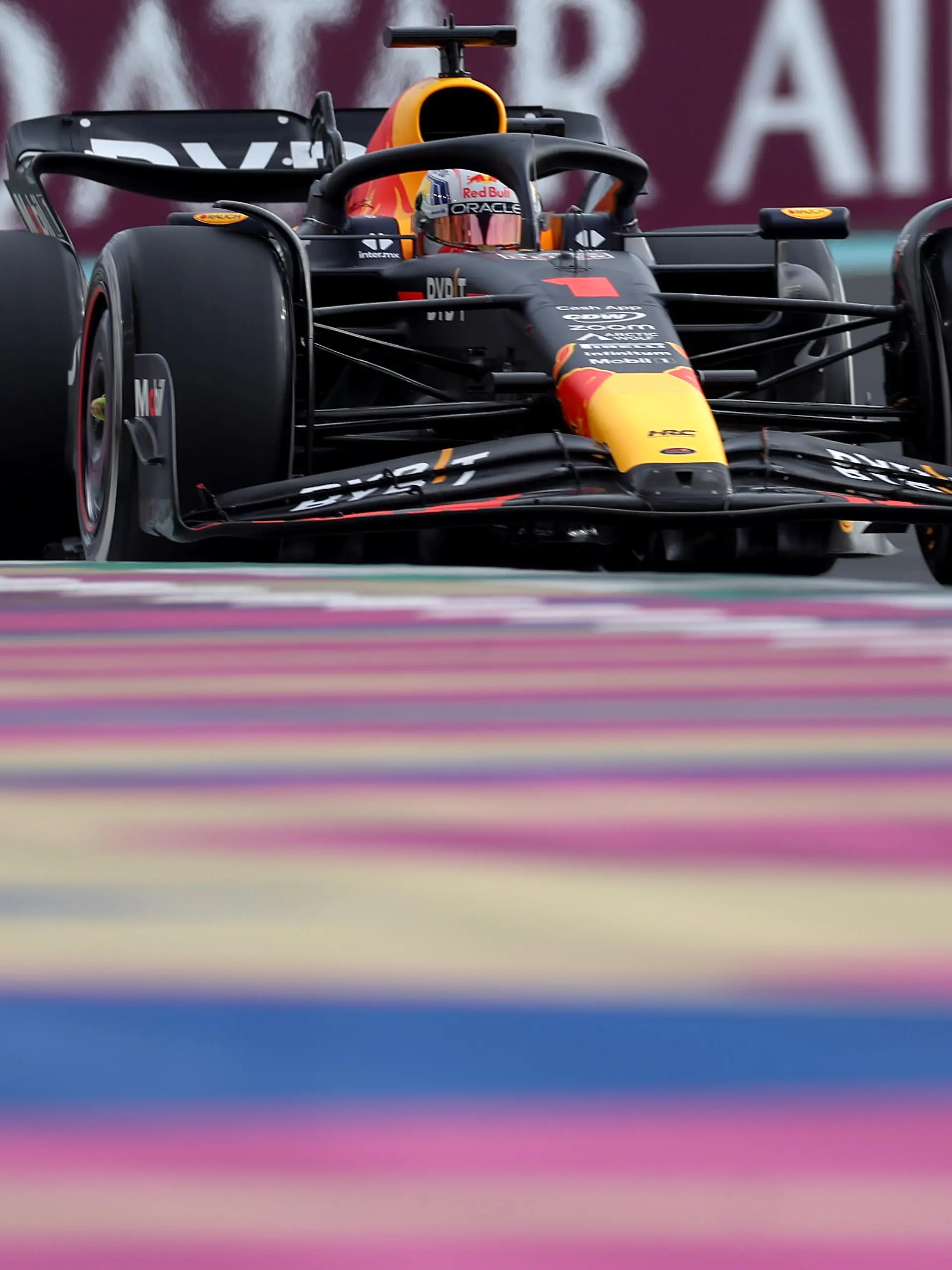 JEDDAH, SAUDI ARABIA - MARCH 18: Max Verstappen of the Netherlands driving the (1) Oracle Red Bull Racing RB19 on track during final practice ahead of the F1 Grand Prix of Saudi Arabia at Jeddah Corniche Circuit on March 18, 2023 in Jeddah, Saudi Arabia. (Photo by Lars Baron/Getty Images)