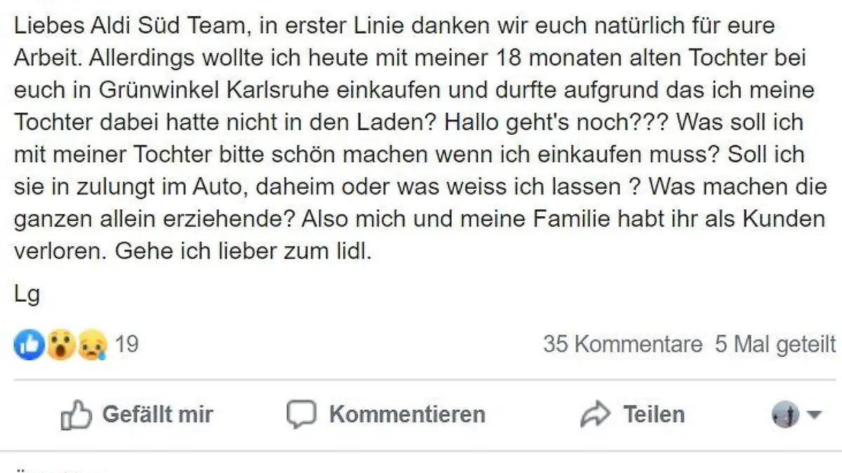 Facebookeintrag Aldi Süd