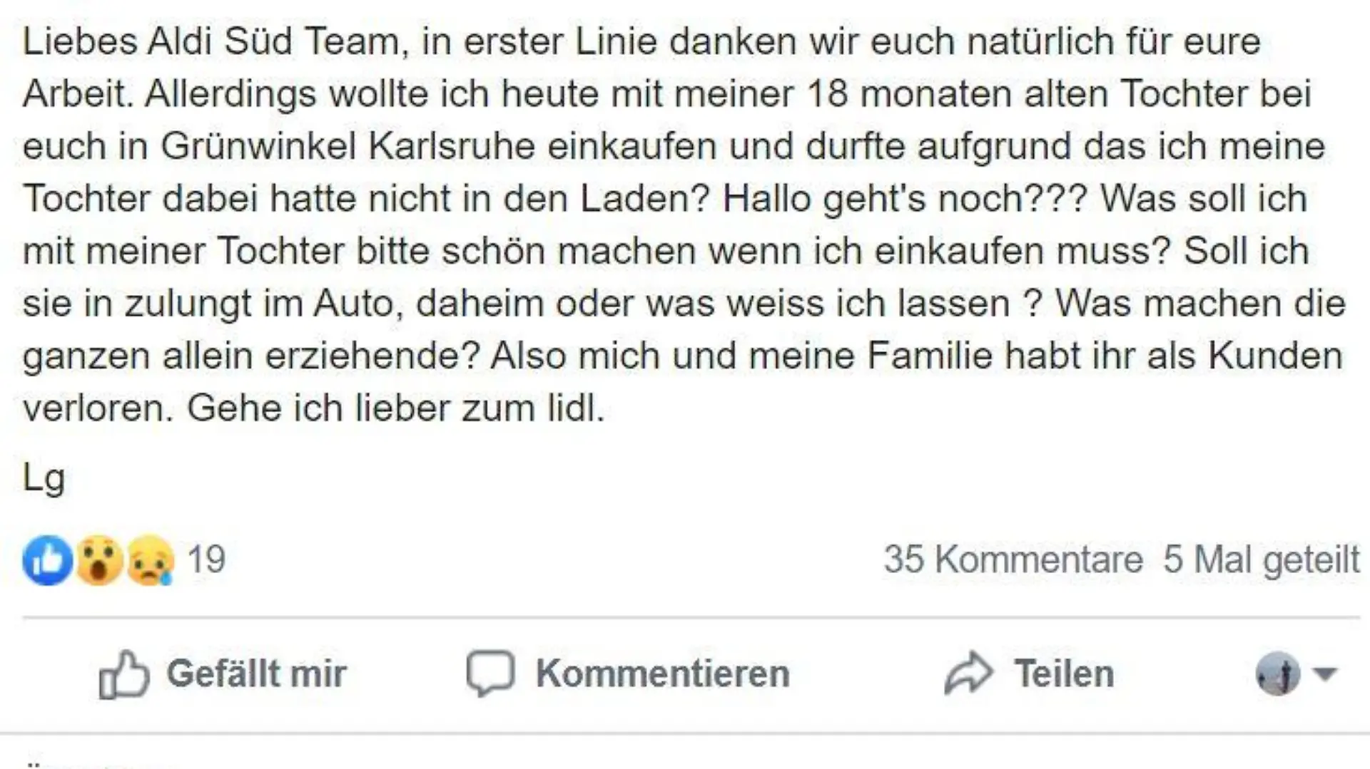Facebookeintrag Aldi Süd