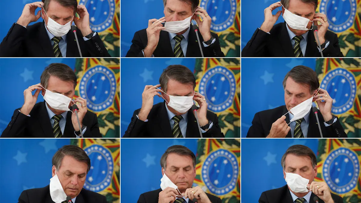 A combination of picture shows Brazil's President Jair Bolsonaro adjusting his protective face mask during a press statement to announce federal judiciary measures to curb the spread of the coronavirus disease (COVID-19) in Brasilia, Brazil March 18, 2020. Pictures taken March 18, 2020. REUTERS/Adriano Machado     TPX IMAGES OF THE DAY