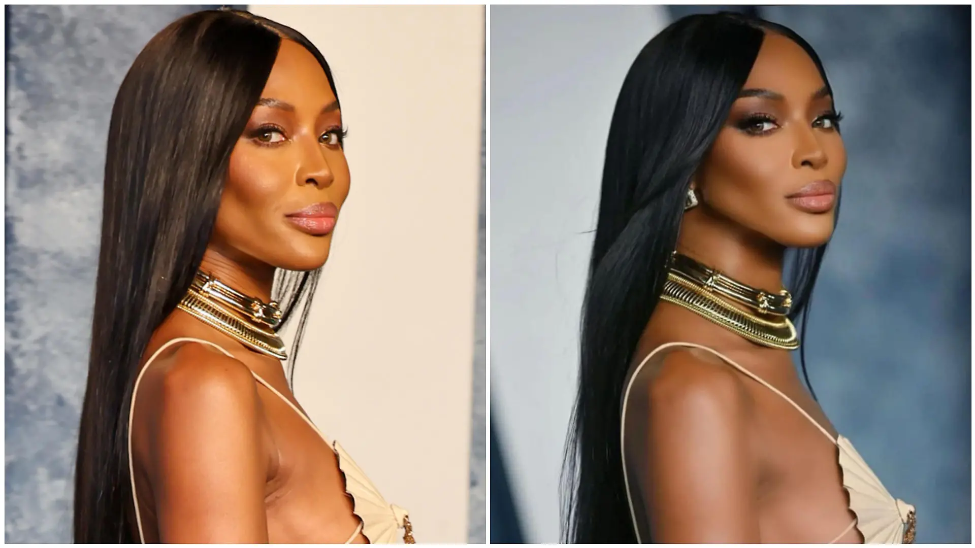Collage von Naomi Campbell, die bei der Vanity Fair Oscar-Party über den roten Teppich läuft. Links ist Naomi natürlich zu sehen, rechts zeigt ihr Gesicht stark retuschiert und bearbeitet.