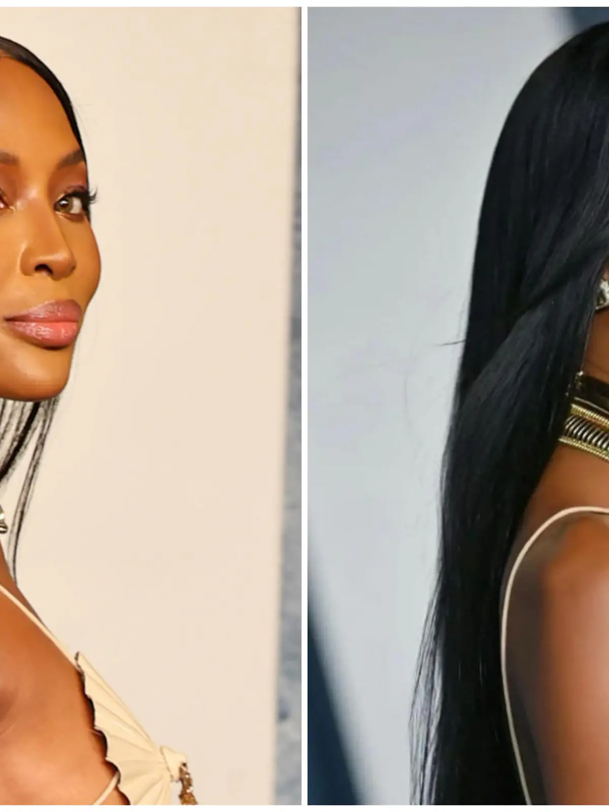 Collage von Naomi Campbell, die bei der Vanity Fair Oscar-Party über den roten Teppich läuft. Links ist Naomi natürlich zu sehen, rechts zeigt ihr Gesicht stark retuschiert und bearbeitet.