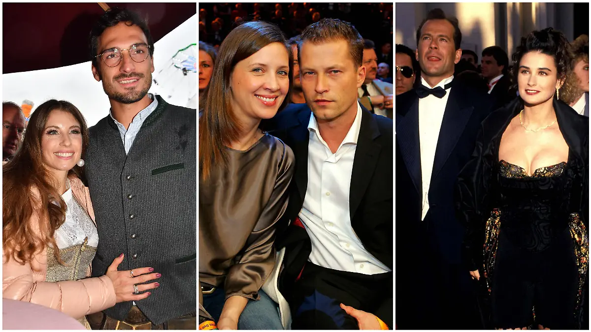 Collage aus 3 Bildern, v.l.: Cathy Hummels & Mats Hummels auf der Wiesn 2019, Dana Schweiger & Til Schweiger bei einem Boxkampf in Hamburg, Bruce Willis und Demi Moore 1989 auf einem roten Teppich.