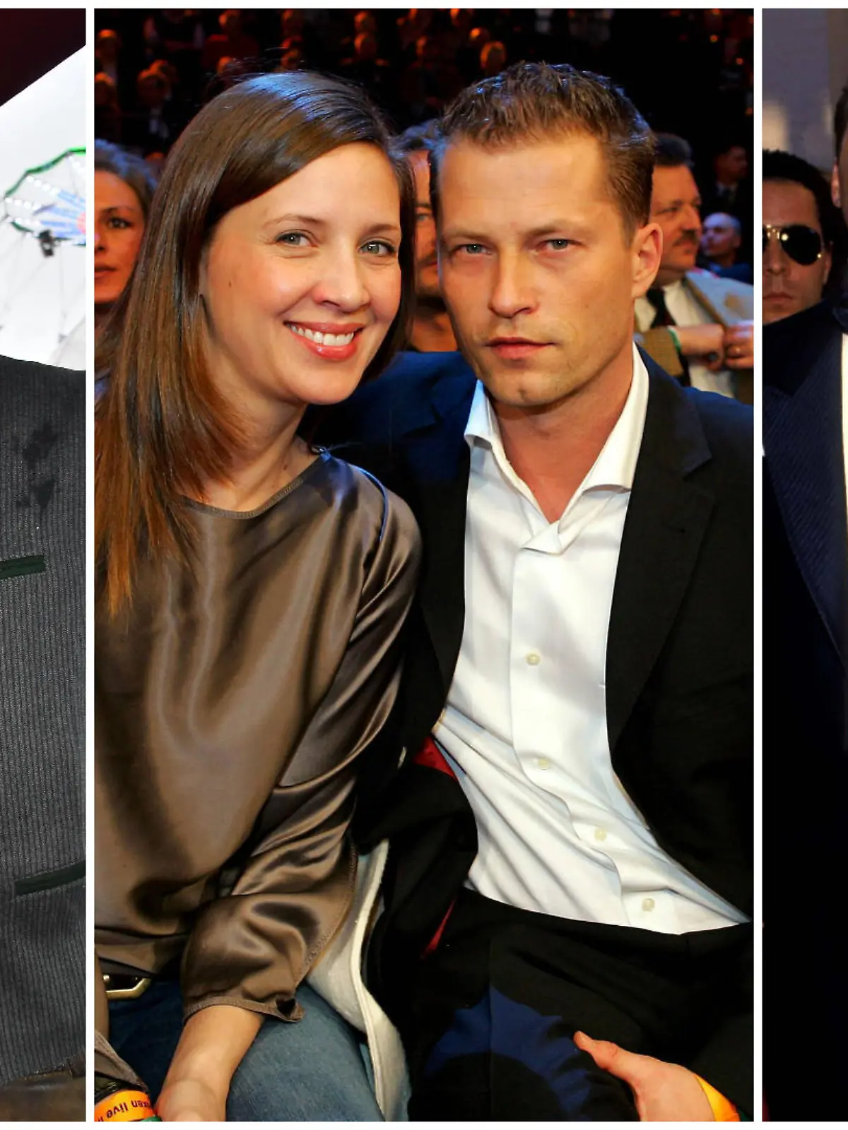 Collage aus 3 Bildern, v.l.: Cathy Hummels & Mats Hummels auf der Wiesn 2019, Dana Schweiger & Til Schweiger bei einem Boxkampf in Hamburg, Bruce Willis und Demi Moore 1989 auf einem roten Teppich.