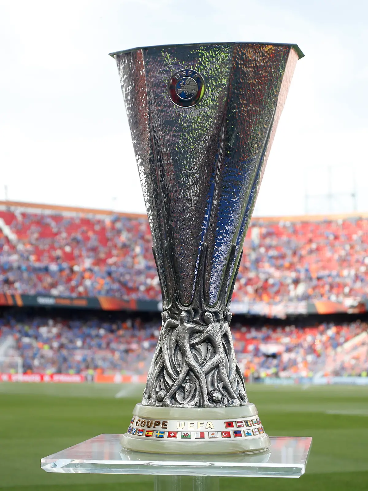 The trophy is displayed on the pitch before the Europa League final soccer match between Eintracht Frankfurt and Rangers FC at the Ramon Sanchez Pizjuan stadium in Seville, Spain, Wednesday, May 18, 2022. (AP Photo/Pablo Garcia)