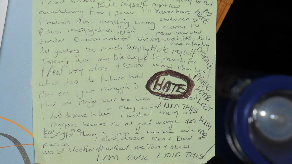Cheshire Police undated handout picture showing a handwritten note by neonatal nurse Lucy Letby, who was on trial at Manchester Crown Court charged with the murder of seven babies, in Manchester,  Britain,  obtained by Reuters on July 25, 2023. Cheshire Constabulary/Handout via REUTERS THIS IMAGE HAS BEEN SUPPLIED BY A THIRD PARTY. NO RESALES. NO ARCHIVES. MANDATORY CREDIT.