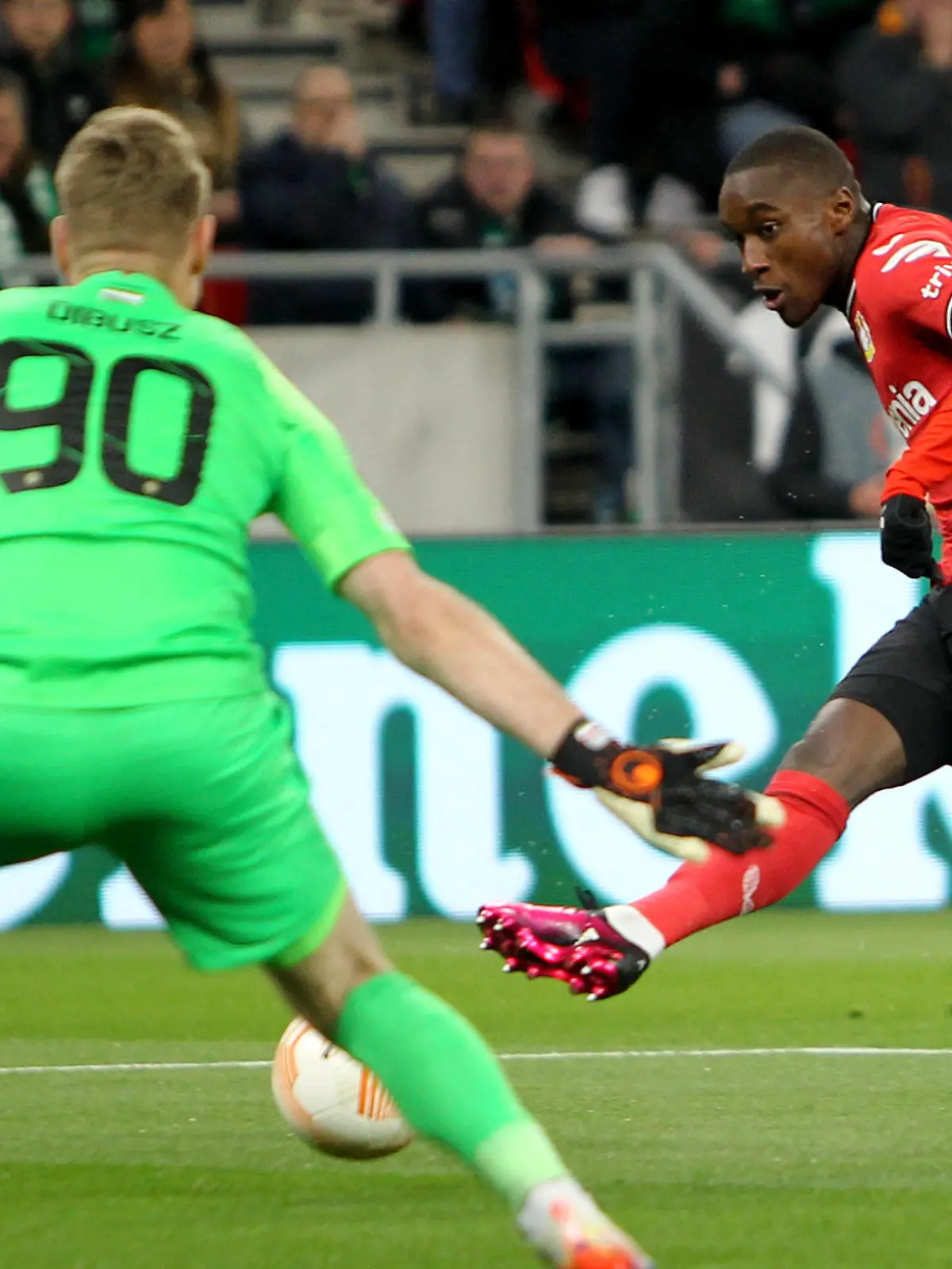16.03.2023 BudapestHungary Ferencvarosi TC-Bayer 04 Leverkusen Europa League round of 16 men s football Moussa Diabyr Bayer 04 Leverkusen scores first goal on match :