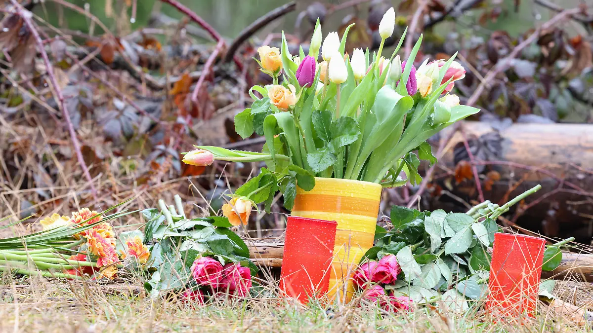 In der Naehe Nähe Fundortes der ermordeten Luise F. aus Freudenberg wurden Blumen abgelegt. Polizeieinsatz am 14.03.2023 in Freudenberg/Deutschland. *** Near the place where the murdered Luise F from Freudenberg was found, flowers were laid Police action on 14 03 2023 in Freudenberg Germany
