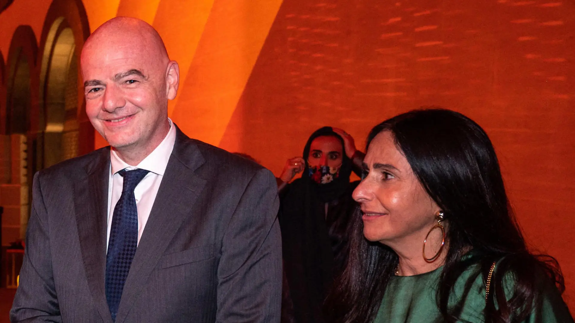 L-R : Chinese-American entrepreneur Wendi Murdoch, former British football player David Beckham, SwissâÂÂItalian president of FIFA Giovanni or "Gianni" Infantino and wife Lina al-Achkar, seen prior to a dinner celebrating American artist Jeff Koons exhibition entitled âLost in America at Museum of Islamic Arts, in Doha, Qatar, on November 20, 2021. Soccer legend David Beckham is facing criticism from human rights campaigners for reportedly signing a $2 77m deal with Qatar to serve as an ambassador for the 2022 World Cup, The Mail on Sunday reported.The former England captain is expected to earn close to $ 21m per year over the next decade in the role and will promote tourism and culture in the Middle Eastern nation, The Sun said. Photo by QM via Balkis Press/ABACAPRESS.COM