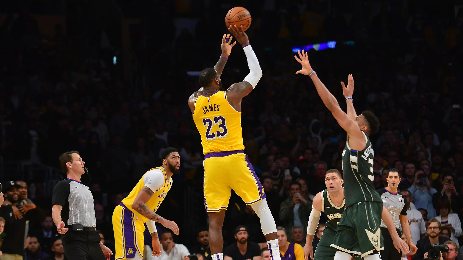 March 6, 2020; Los Angeles, California, USA; Los Angeles Lakers forward LeBron James (23) shoots against Milwaukee Bucks forward Giannis Antetokounmpo (34) during the second half at Staples Center. Mandatory Credit: Gary A. Vasquez-USA TODAY Sports