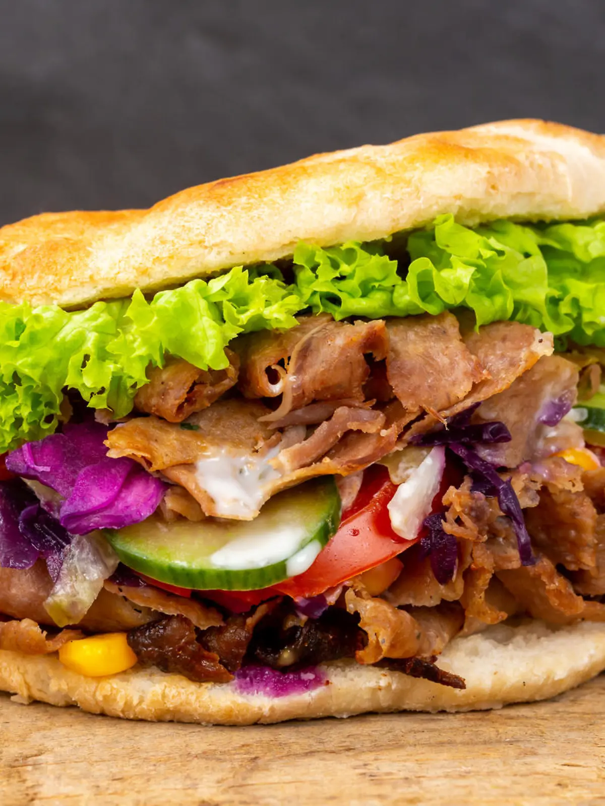Stuttgart, Deutschland - 11. Februar 2021: Döner Kebab Doner Kebap Fastfood Essen im Fladenbrot auf Holzbrett in Stuttgart, Deutschland.