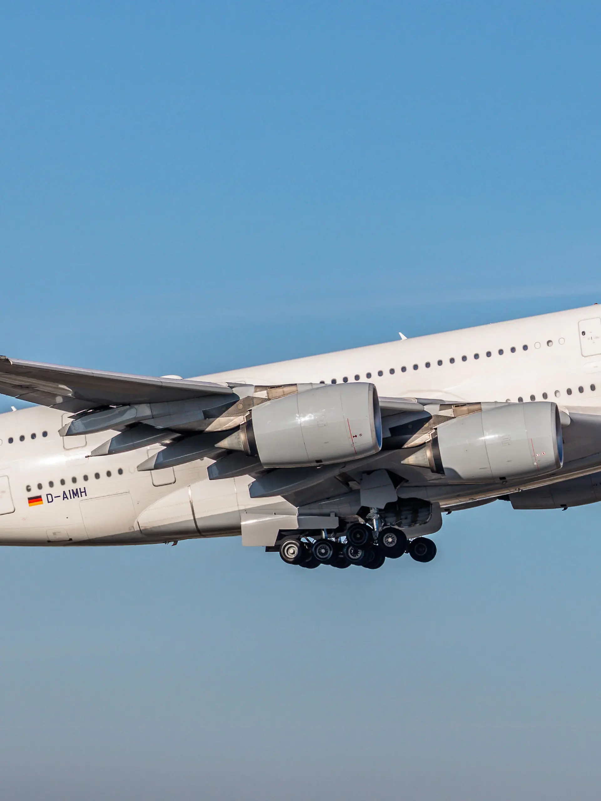  Munich, Germany - December 12, 2019: An Airbus A380-841 from Lufthansa takes off from Munich Airport. The aircraft with registration D-AIMH has been in service for the German airline since July 2011. Luftverkehr 