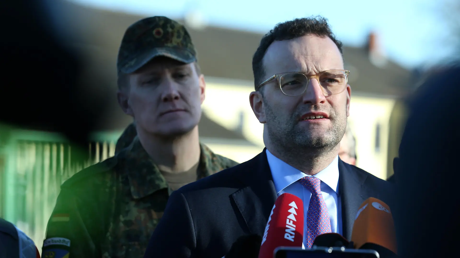 German Health Minister Jens Spahn gives a statement on the situation of more than 100 Germans and family members who have been put under quarantine in army barracks after returning form Wuhan, China due to the coronavirus in Germersheim, Germany, February 5, 2020. REUTERS/Ralph Orlowski